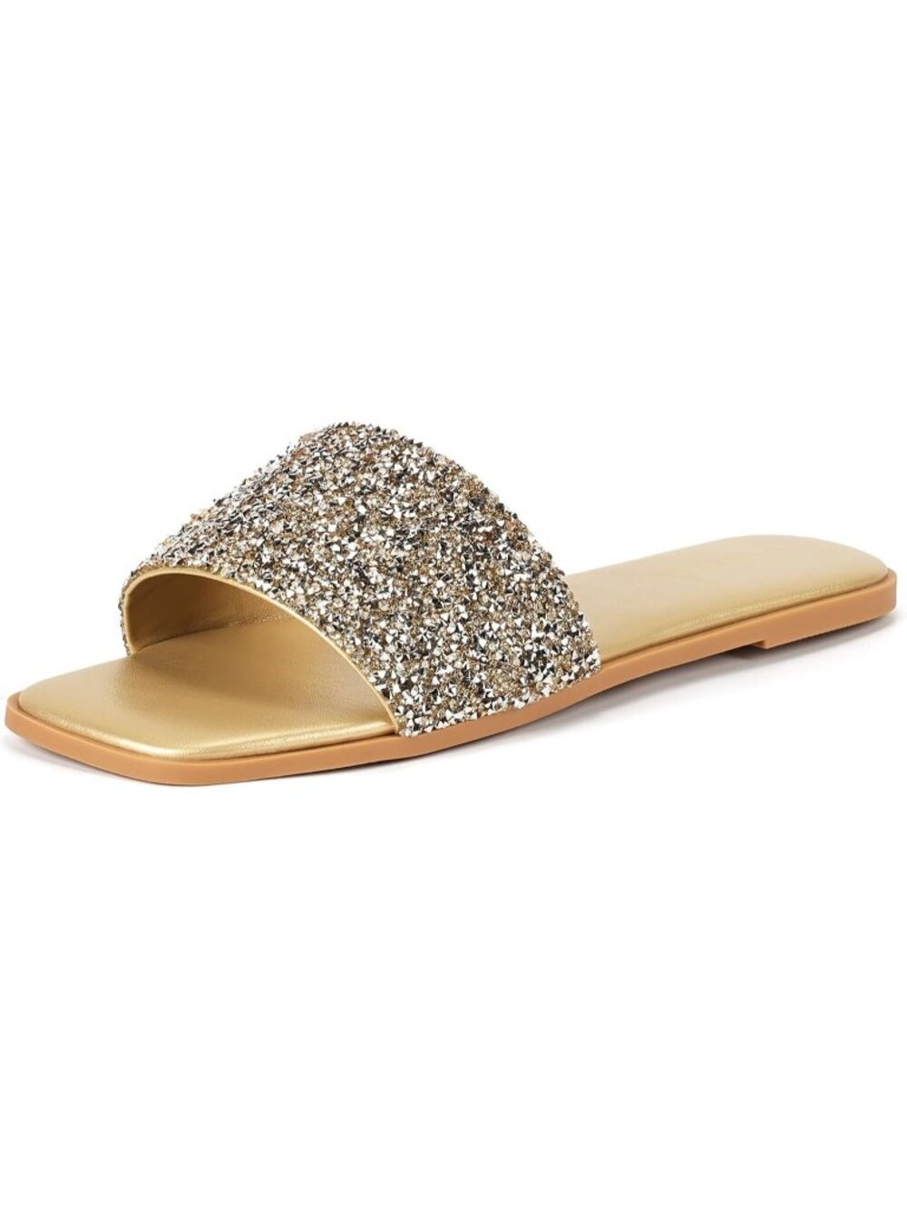 Women's Gold Sparkly Rhinestone Flats Square Open Toe Slip on Summer Beach Shoes